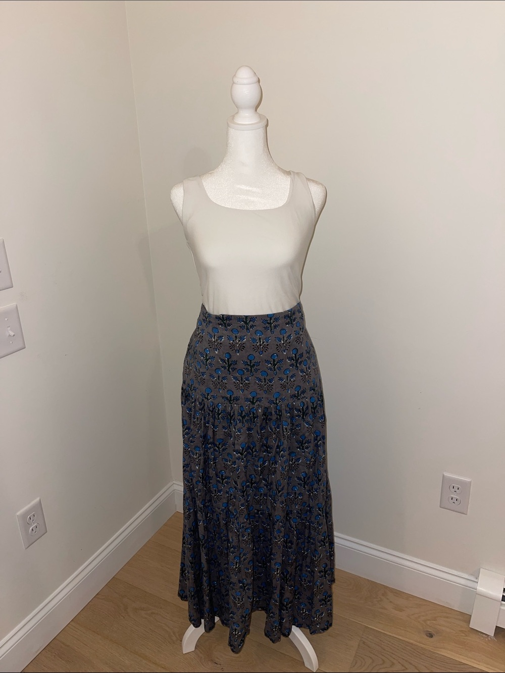 Tiered Floral Maxi Skirt in Blue and Gray